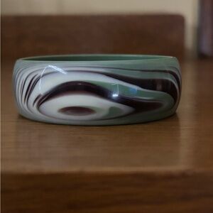 Vintage Mid Century Laminated Plastic Bangle Bracelet Teal Brown Swirl Wide
